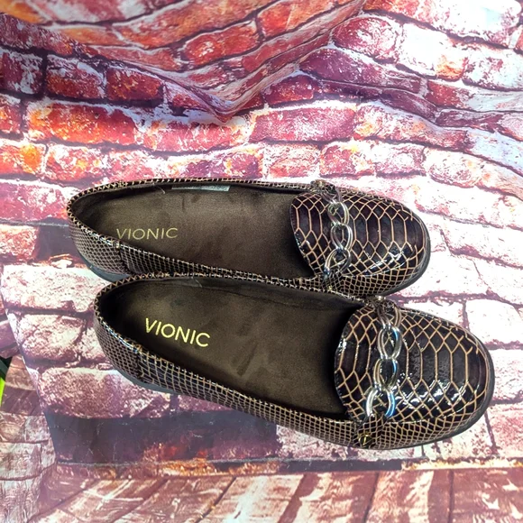 Vionic Alda Womens 7 Brown Leather Snake Croc Chain Orthaheel Loafers - Picture 4 of 7